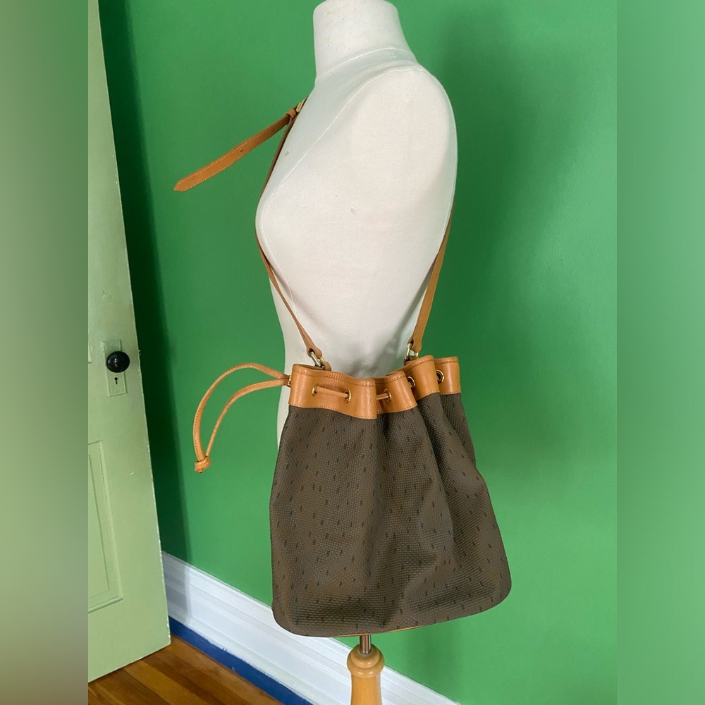 Vintage Yves Saint Laurent YSL grey brown Drawstring bucket bag leather trim